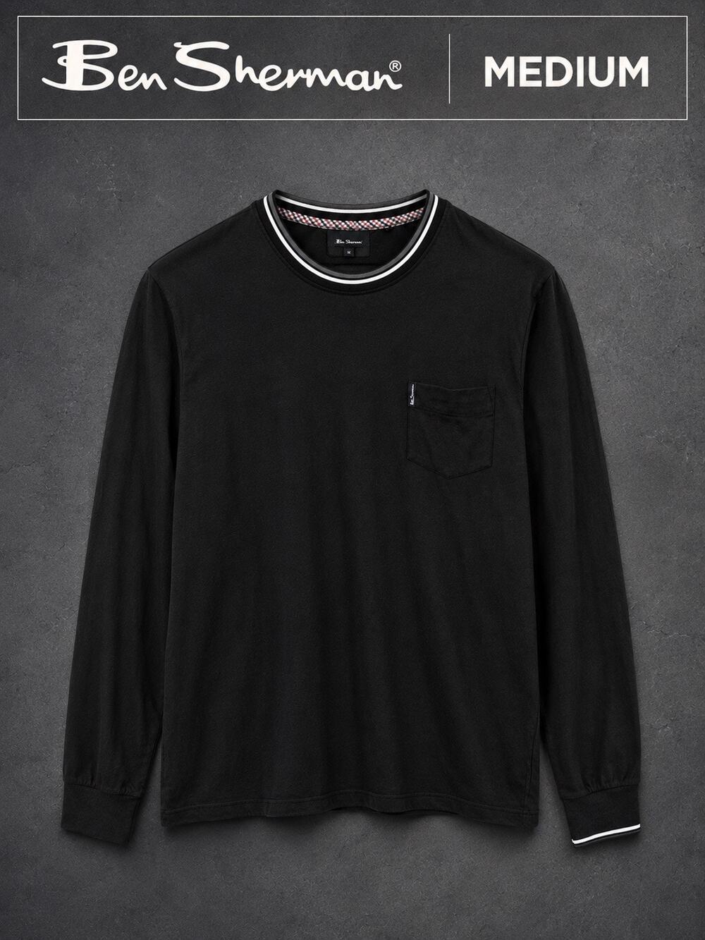 Ben Sherman NWT Black Crew Neck Sweater Medium Pocket Long Sleeve